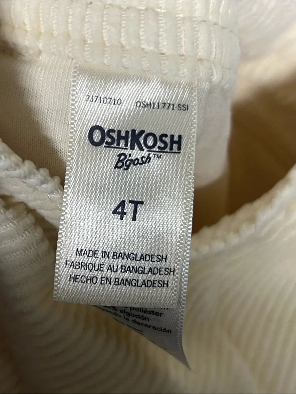 OshKosh B'gosh Cream Corduroy Overalls 4T